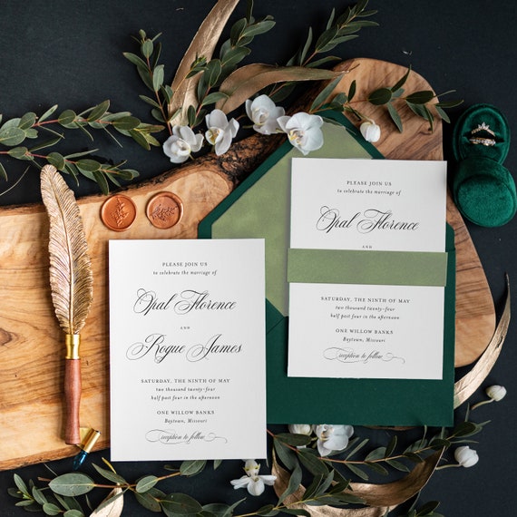 Green Leaf Wedding Invitation Set // Printed Wedding Invitations With Liner // E - Foto 3