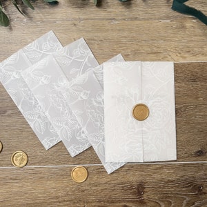 VELLUM Wedding Invitation Jacket, Modern Translucent Card Wrap, 5x7 Vellum Sleeve, Add-on white ink botanical flower pattern, Printed
