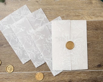 VELLUM Wedding Invitation Jacket, Modern Translucent Card Wrap, 5x7 Vellum Sleeve, Add-on white ink botanical flower pattern, Printed