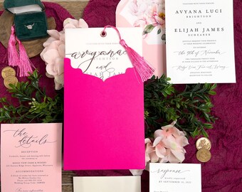 Hot Pink, Foil Vellum Printed Avyana Suite, Tassel Grommet Wedding Invitations, Pink floral, Invitation Sleeve, Gold Foil Vellum Overlay