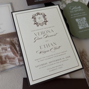 Close-up of layered Verona wedding invitation with cream cardstock, chocolate brown backing mat and coordinating olive green stationery.