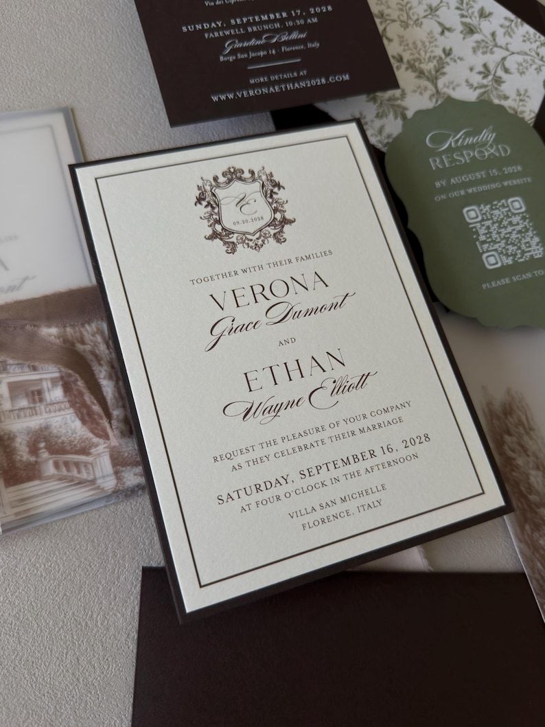 Close-up of layered Verona wedding invitation with cream cardstock, chocolate brown backing mat and coordinating olive green stationery.