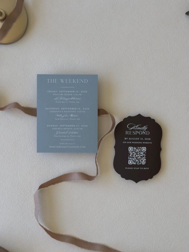 Dusty blue wedding details card with brown RSVP card
