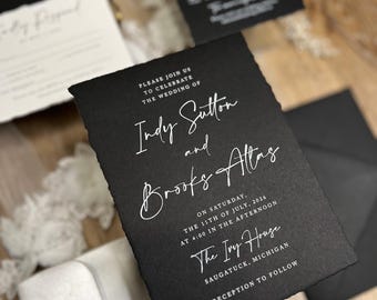 Black Deckle Edge Wedding Invitation: Modern Hand-Torn Design