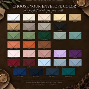 Wedding invitation envelope color chart showing available envelope colors for custom White Lace Design stationery.