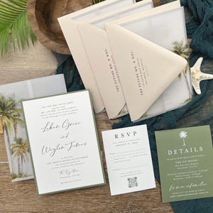 Palm Tree Beach Destination Ocean Island Wedding Invitation Suite with vellum jacket and palm tree envelope liner