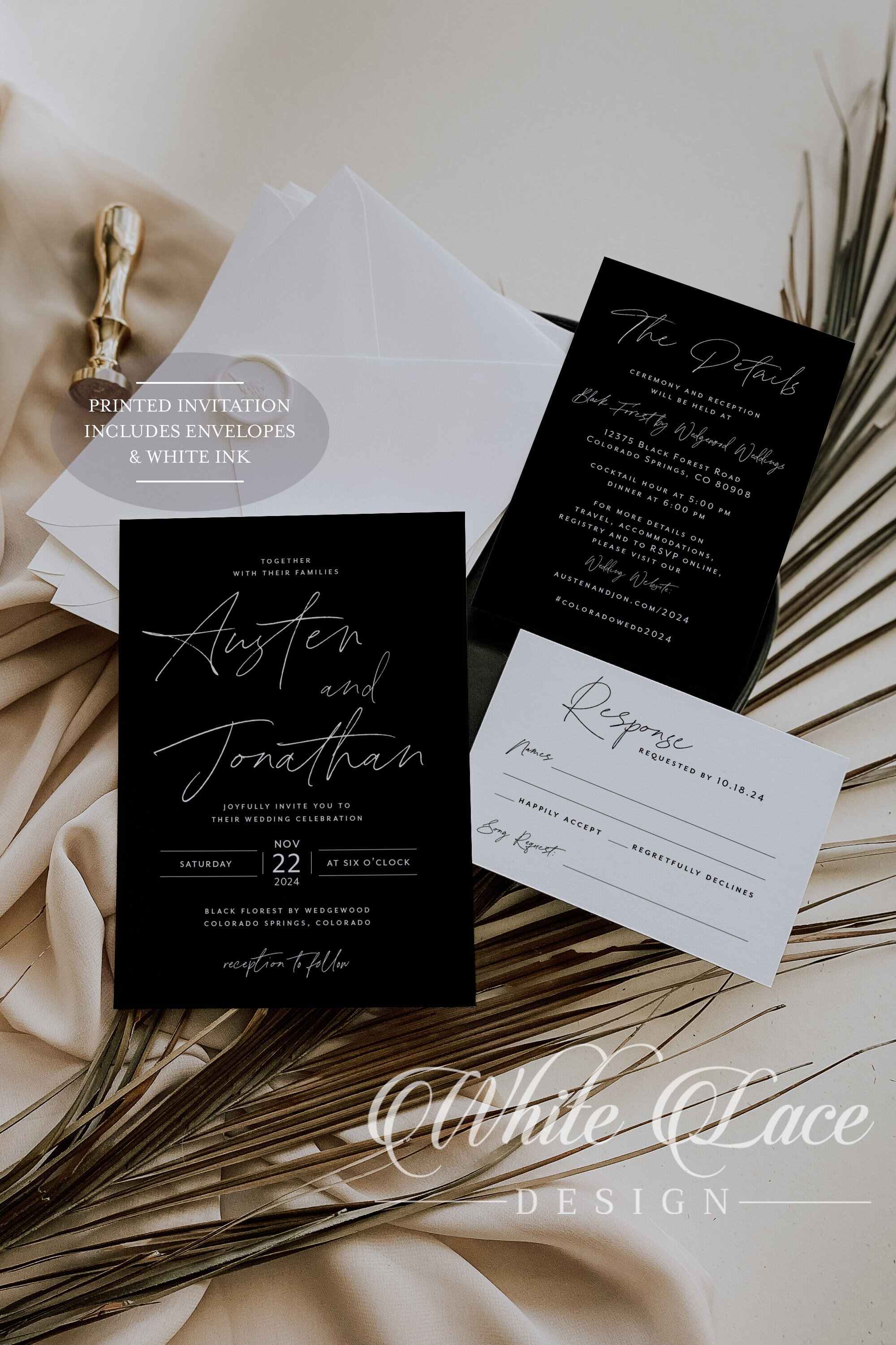 Elegant Black And White Wedding Invitations Gossamer Collection