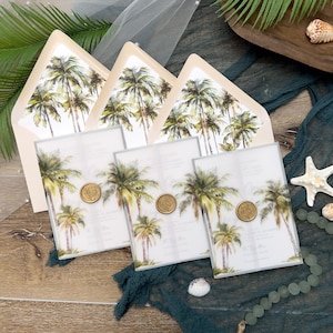 Palm Tree Beach Destination Ocean Island Wedding Invitation Suite with vellum jacket and palm tree envelope liner