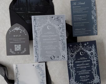 Gothic Moon Wedding Invitations | Midnight Blue Celestial Floral, White Ink, Dark Romance