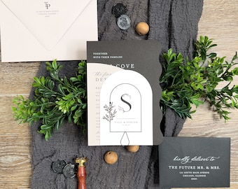 Printed Tilli Wavy Arch Invitation Suite, black and white invitations, Scallop Edge White Ink Unique wedding, Moody Wedding Monogram Leaves