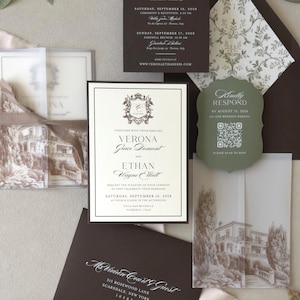 Flat lay of olive green and chocolate brown Tuscany wedding invitation suite with cream invitation, vellum wrap and scalloped RSVP card.