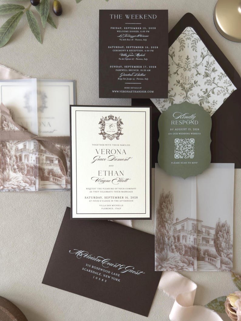 Flat lay of olive green and chocolate brown Tuscany wedding invitation suite with cream invitation, vellum wrap and scalloped RSVP card.