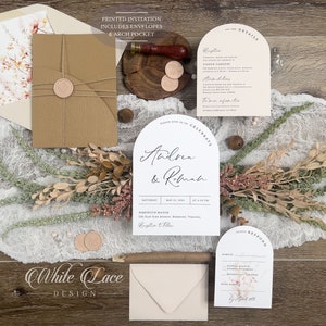 Wildflower Wedding Arch Invitation suite panel pocket, Wood and blush, timeless romantic, neutral tones, Rustic watercolor, unique PRINTED