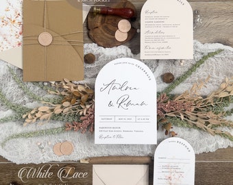 Wildflower Wedding Arch Invitation suite panel pocket, Wood and blush, timeless romantic, neutral tones, Rustic watercolor, unique PRINTED