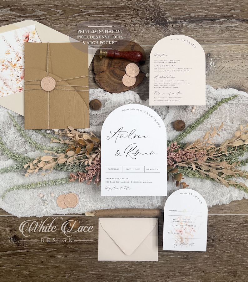 May include: A wedding invitation suite with a rustic theme. The invitation features a peach background with a white arch and the couple's names in calligraphy. The RSVP card features a floral design with a peach background.
