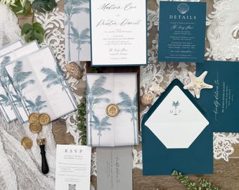 Palm Tree Wedding Invitation Suite | Vellum Jacket, RSVP & Details Card, Assorted Colors