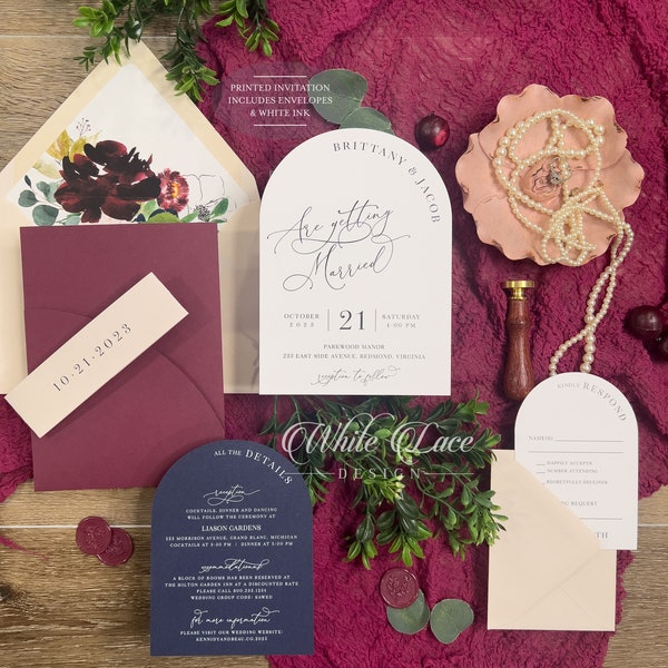 Burgundy and Navy Arch Invitation suite w Arch panel pocket, Burgundy Blush Navy flowers, Unique white ink arch card, Modern Bold PRINTED