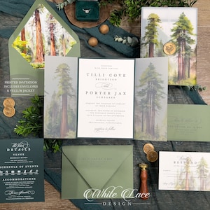 Printed Mountain Forest Tilli Wedding Invitation suite, Green Lake Scene, Colorado Wedding, Woodland Forest, Enchanting, Vellum Jacket