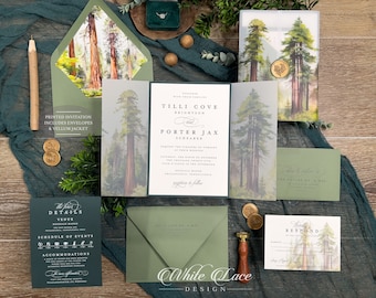 Printed Mountain Forest Tilli Wedding Invitation suite, Green Lake Scene, Colorado Wedding, Woodland Forest, Enchanting, Vellum Jacket