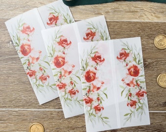 VELLUM Wedding Invitation Jacket, Modern Translucent Card Wrap, 5x7 Vellum Sleeve, Add-on Bright Red Roses, Printed Folded