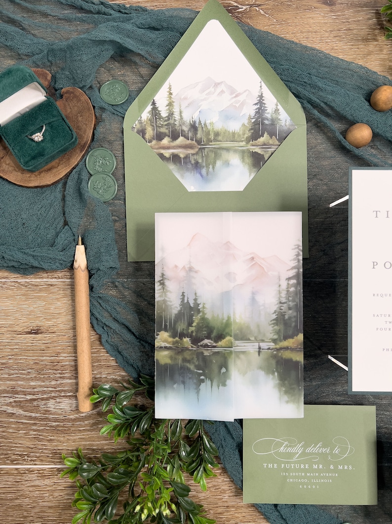 Colorado Mountain Forest Wedding Invitation Suite: Green Lake, Enchanting Woodlands, Vellum Jacket imagen 7