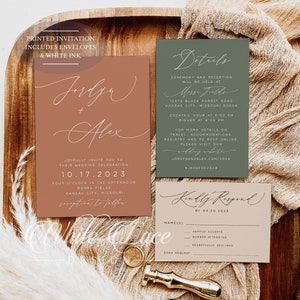 May include: A wedding invitation suite with a peach background, green details, and a beige RSVP card. The invitation features the couple's names, "Jordyn + Alex", and the wedding date, "10.17.2023". The details card includes the ceremony and reception location, "Morse Fields", and the address, "12375 Black Forest Road, Kansas City, Missouri 80908". The RSVP card has the text "Kindly Respond" and a space for guests to provide their names, RSVP choice, and song request.