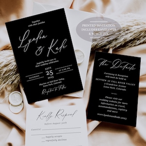 PRINTED - White Ink - Black Wedding Invitation - Black Wedding - Luxury Wedding - Modern Wedding - Minimalist Wedding - Unique Invitation