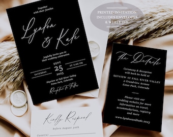 May include: Black and white wedding invitation suite with calligraphy font. The invitation card features the couple's names, "Lyndon & Kade", the date and time of the wedding, and the location. The details card includes the ceremony and reception location, website address, and the text "The Details". The RSVP card has the text "Kindly Respond" and a space for guests to indicate their response.