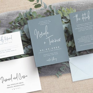 May include: A set of wedding invitations with a blue-grey background and white text. The invitations include the names Novafe and Tanner, the date 05.23.2020, and the location Gramercy Park Hotel, New York, New York. The RSVP information is also included. The invitations are surrounded by eucalyptus leaves.