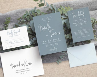Dusty Blue wedding invitation white ink printing, Slate Blue wedding palette, modern blue professional invitation, High quality, affordable
