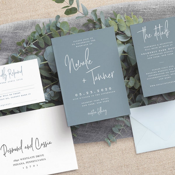 Dusty Blue wedding invitation white ink printing, Slate Blue wedding palette, modern blue professional invitation, High quality, affordable