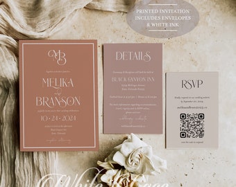 Quality Terracotta wedding invitation suite printed with white ink, Nudes wedding colors, Spice tones. Minimalist Boho, WhiteLaceDesign