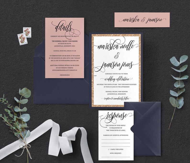 Rose Gold Wedding Invitations Rose Gold Glitter Navy Wedding Etsy