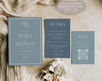 Dusty Blue Wedding Invitation Suite: Modern Boho White Ink Print