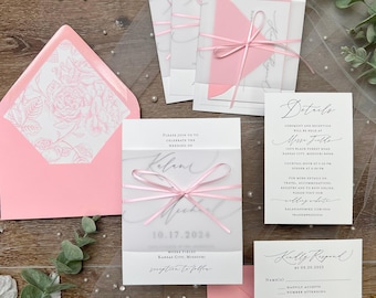 Pink Floral Wedding Invitation Suite: Vellum Band & Ribbon