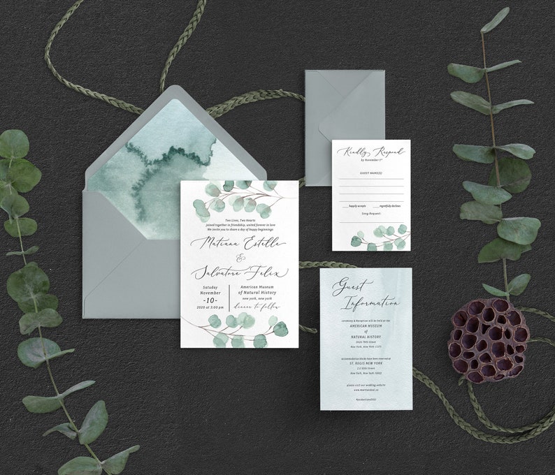 Eucalyptus Luxury Trifold Wedding Invitations Save The Etsy