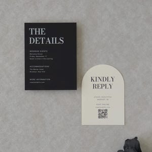 Black wedding details card and ivory invitation from the modern Ellis wedding stationery suite
