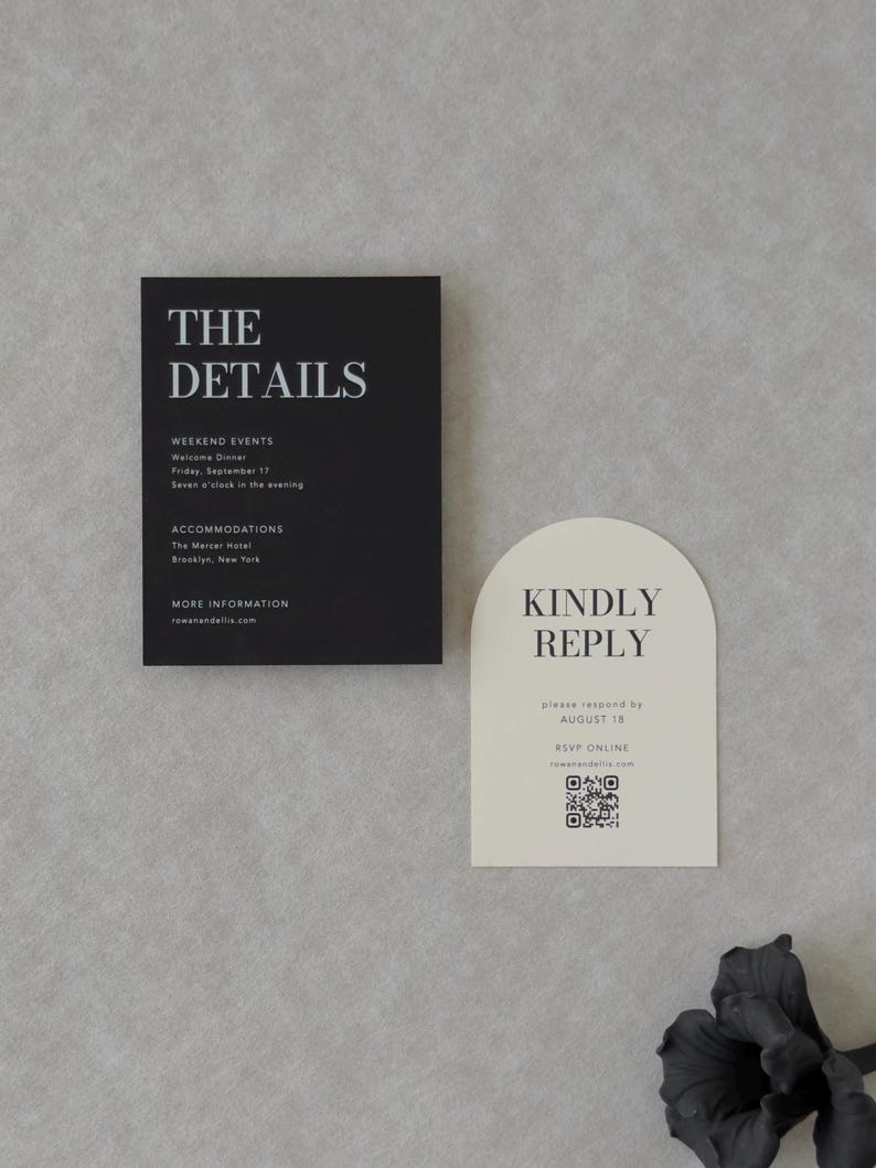 Black wedding details card and ivory invitation from the modern Ellis wedding stationery suite