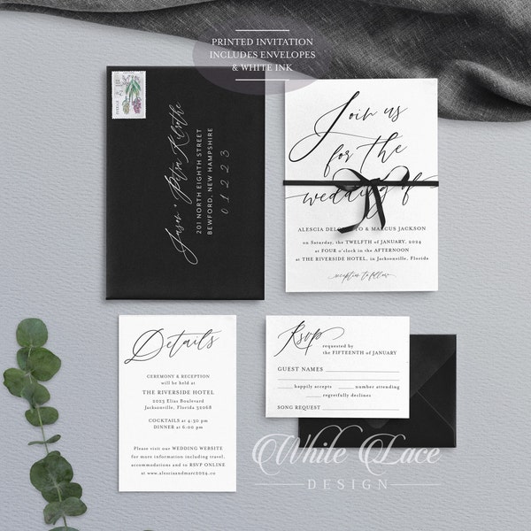 Modern Wedding Invitation - Black and White Wedding Invitation - Simple Wedding Invite- Classic Wedding Invitation - Black Wedding - PRINTED