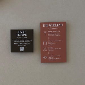 Warm ivory layered wedding invitation paired with terracotta details card and dark chocolate RSVP card for a moody modern wedding invitation suite.