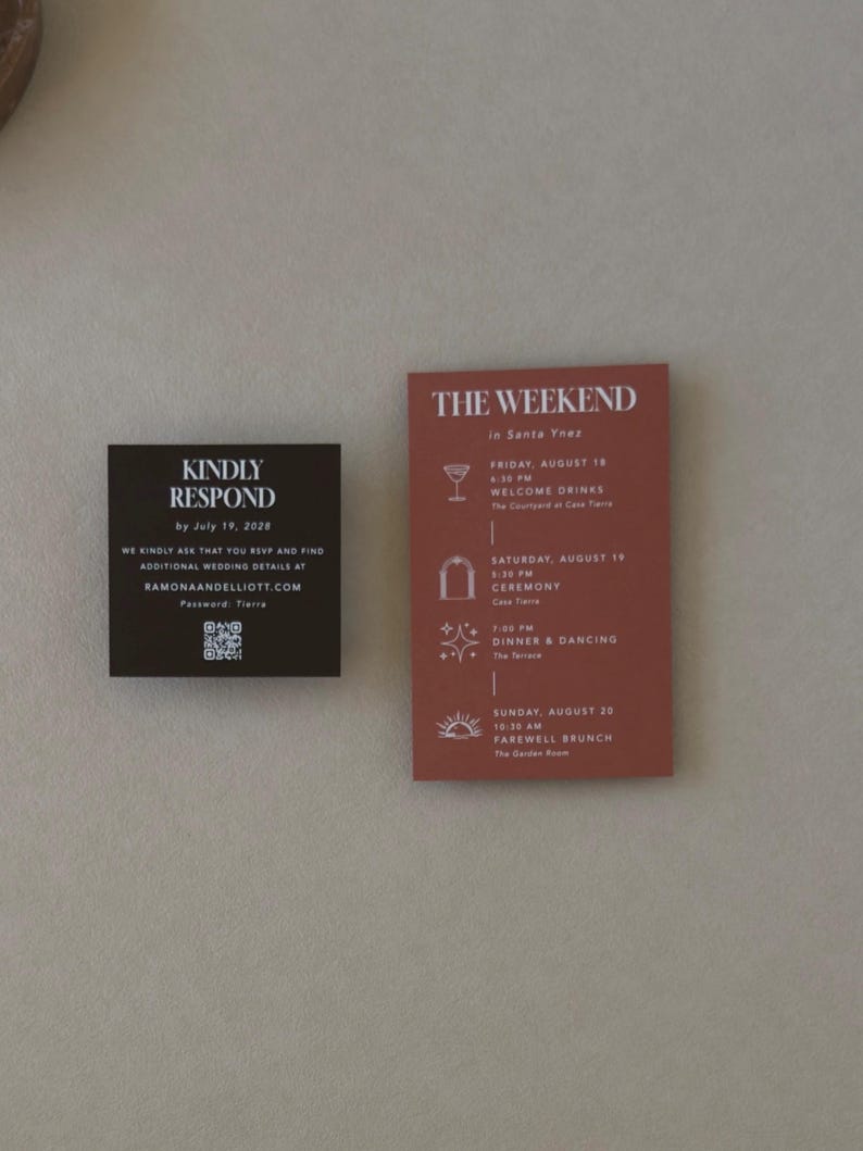 Warm ivory layered wedding invitation paired with terracotta details card and dark chocolate RSVP card for a moody modern wedding invitation suite.