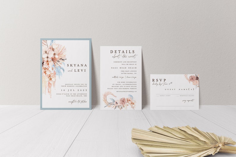 Dusty Blue Wedding Invitation - Beach Wedding - Blue Beach Wedding - Natural Wedding - Boho Beach Wedding - Printed Wedding Invitation image 2