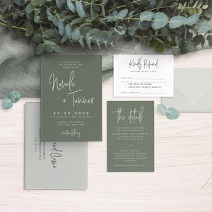 May include: Green wedding invitation suite with white calligraphy text. The invitation reads "Please join us to celebrate the wedding of Natalie + Tanner on 05.23.2020 five o'clock in the afternoon Gramercy Park Hotel New York, New York reception following". The RSVP card reads "Kindly Respond before April 15th" and the details card reads "The details Ceremony & Reception will be held at Gramercy Park Hotel 1 Lexington Avenue New York, New York Please visit our website for more information on travel accommodations, registry and more www.natalieandtanner.com".