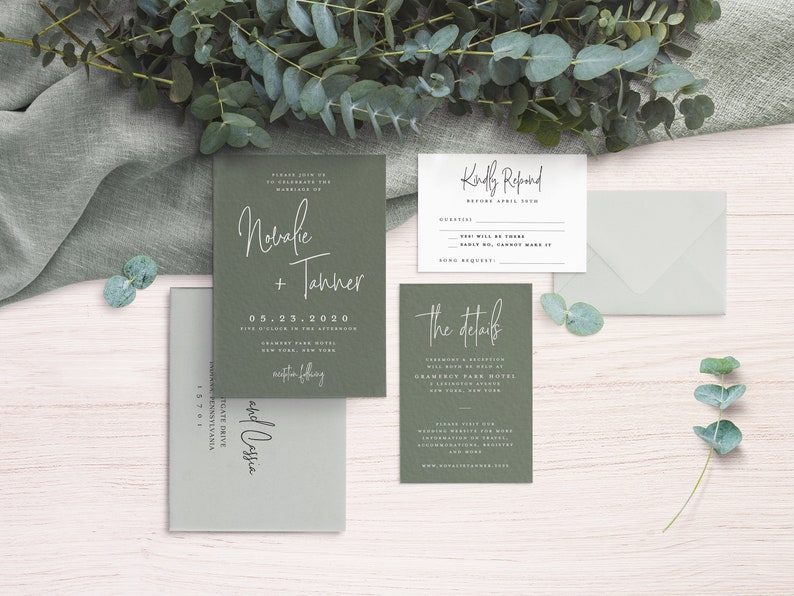 May include: Green wedding invitation suite with white calligraphy text. The invitation reads "Please join us to celebrate the wedding of Natalie + Tanner on 05.23.2020 five o'clock in the afternoon Gramercy Park Hotel New York, New York reception following". The RSVP card reads "Kindly Respond before April 15th" and the details card reads "The details Ceremony & Reception will be held at Gramercy Park Hotel 1 Lexington Avenue New York, New York Please visit our website for more information on travel accommodations, registry and more www.natalieandtanner.com".