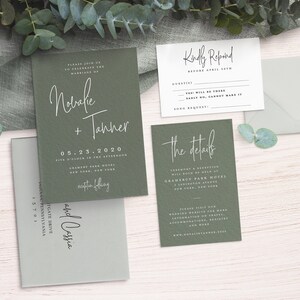 May include: Green wedding invitation suite with white calligraphy. The invitation reads "Please join us to celebrate the marriage of Natalie + Tanner" with the date "05.23.2020" and the location "Gramercy Park Hotel, New York, New York". The RSVP card reads "Kindly Respond before April 9th". The details card reads "The details" and includes the ceremony and reception location.