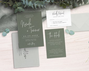 May include: Green wedding invitation suite with white calligraphy. The invitation reads "Please join us to celebrate the marriage of Natalie + Tanner" with the date "05.23.2020" and the location "Gramercy Park Hotel, New York, New York". The RSVP card reads "Kindly Respond before April 9th". The details card reads "The details" and includes the ceremony and reception location.