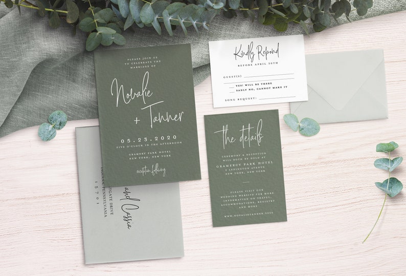 May include: Green wedding invitation suite with white calligraphy. The invitation reads "Please join us to celebrate the marriage of Natalie + Tanner" with the date "05.23.2020" and the location "Gramercy Park Hotel, New York, New York". The RSVP card reads "Kindly Respond before April 9th". The details card reads "The details" and includes the ceremony and reception location.