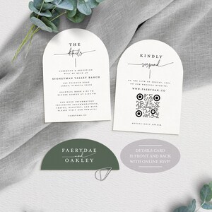 May include: A wedding invitation suite with a green and white color scheme. The invitation features a white arch with the text "The Details" and the venue information. The RSVP card features a white arch with the text "Kindly Respond" and a QR code. The invitation is accompanied by a green semi-circle card with the text "Faerydae and Oakley".