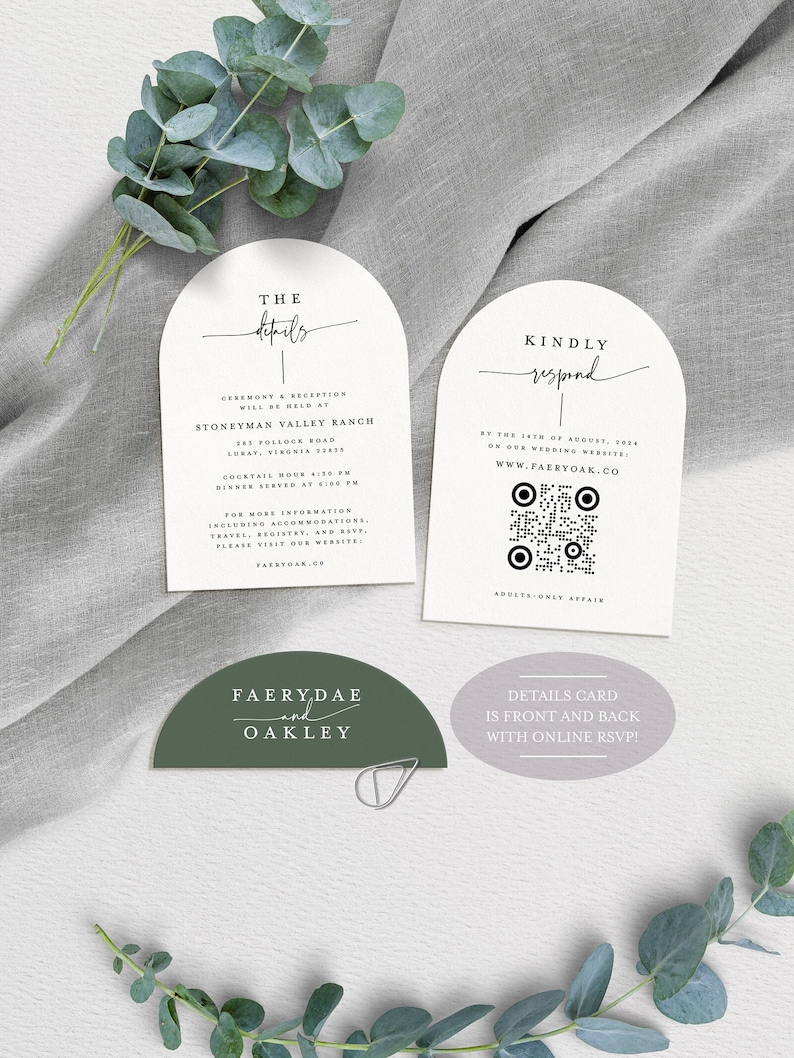 May include: A wedding invitation suite with a green and white color scheme. The invitation features a white arch with the text "The Details" and the venue information. The RSVP card features a white arch with the text "Kindly Respond" and a QR code. The invitation is accompanied by a green semi-circle card with the text "Faerydae and Oakley".