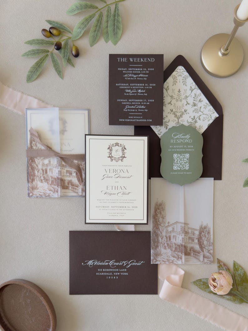 Olive green Italian-inspired wedding invitation suite with layered cream invitation, printed vellum wrap, scalloped RSVP card and chocolate brown envelope.